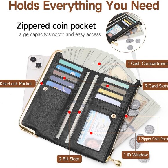 Elegant Vintage Women's Bifold Wallet with Kiss-Lock – Compact Black Clutch - Picture 3 of 8